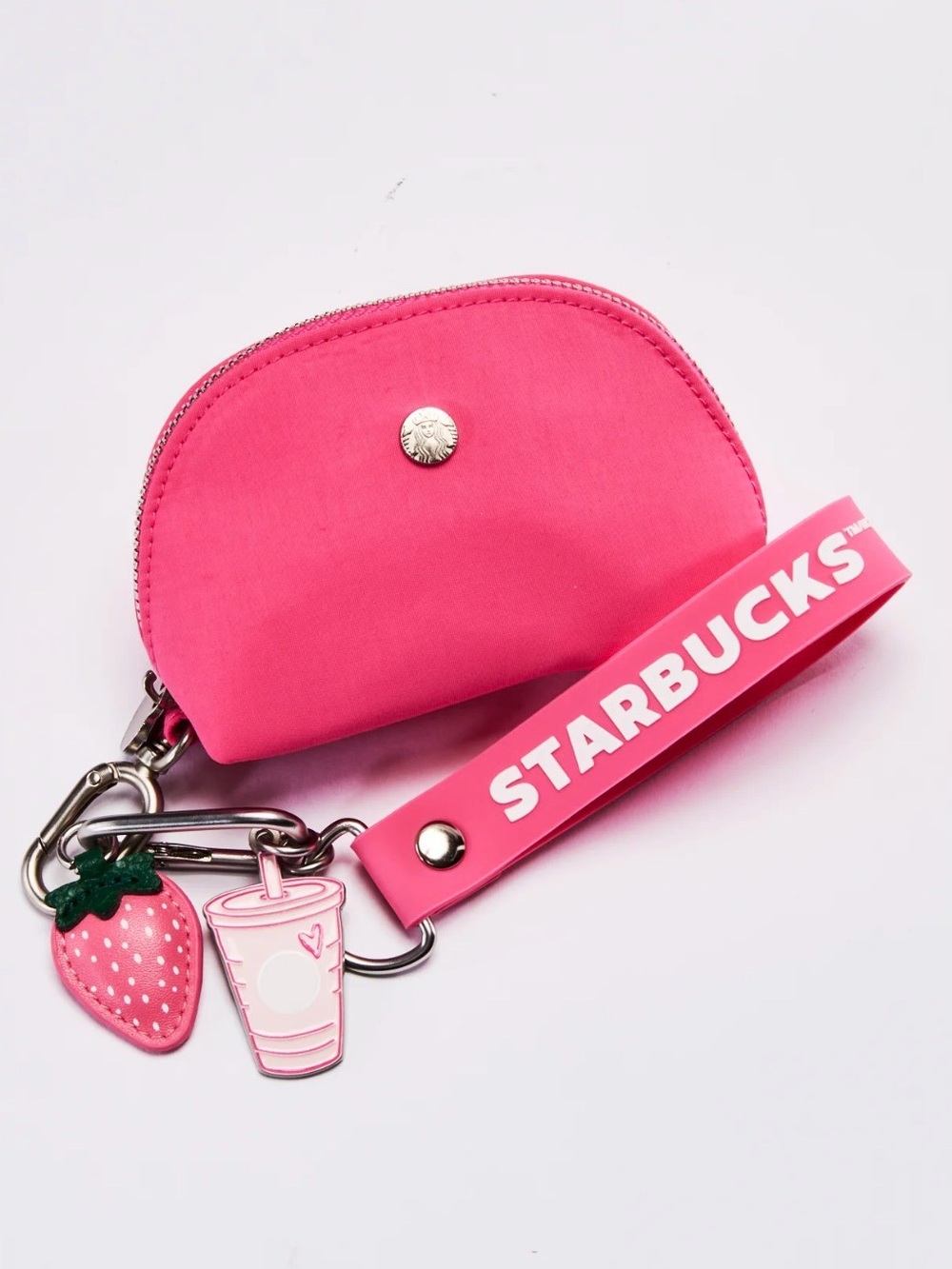 Starbucks Hot Pink Wristlet Coin Pouch with Strawberry & Cup Charms